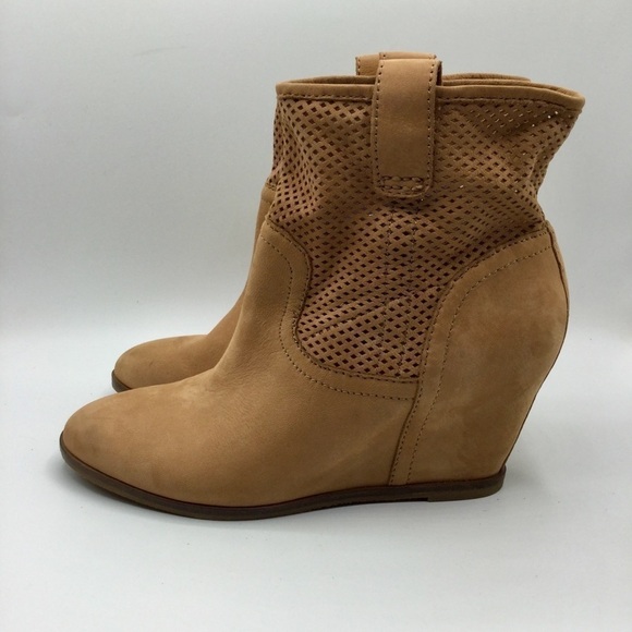 LUCKY Brand Keno Perforated Dark Camel Suede Leather Wedge Bootie Size 10 - Picture 3 of 11